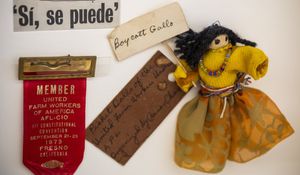 A picket doll for the United Farm Workers Union, organized by Cesar Chavez, is one of the artifacts on display. (Bettina Hansen / The Seattle Times)