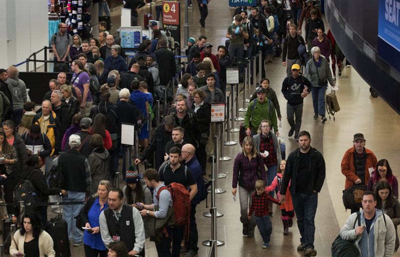 Travelers wait in lines at Sea-Tac International Airport before going through security last November. 