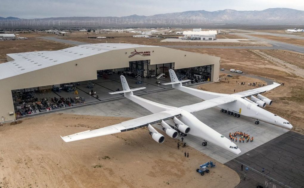 Stratolaunch Systems Corporation, founded by Paul Allen, rolls out the Stratolaunch to begin fueling tests on May 31, 2017. The Stratolaunch completed its first flight on April 13, 2019 over Mojave Desert and was later sold to an unnamed party. (Courtesy of Stratolaunch Systems)
