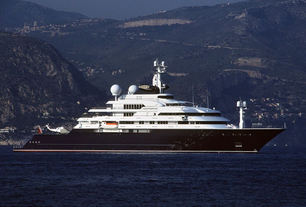 Allen’s mega-yacht Octopus is shown anchored off Villefranche, France in June 2004. The 414-foot, seven-deck vessel was refitted and put on the market earlier this year for $325 million. (Dana Jinkins / The Associated Press) 