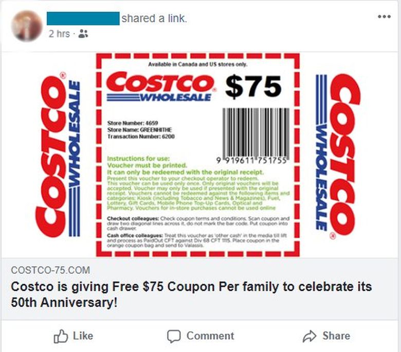 A screenshot of a Facebook post showing the fake Costco coupon used by scammers. (Identity Theft Resource Center)