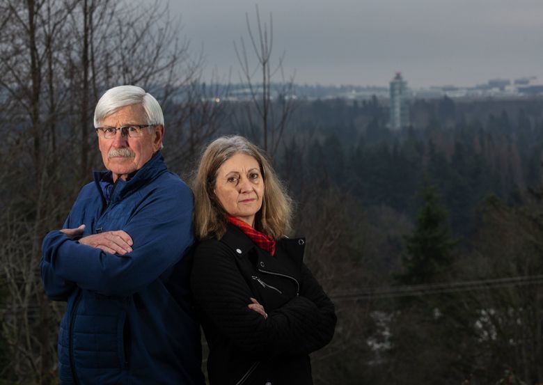 Retired pilot Larry Cripe and Debi Wagner, who lives near the airport, are among the Burien residents who launched the city’s first suit against the Federal Aviation Administration in late 2016. (Ellen M. Banner / The Seattle Times)