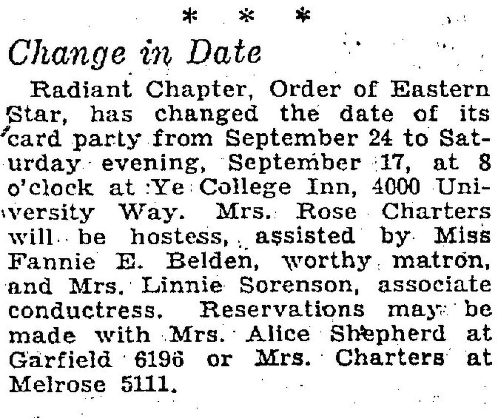 Rose Charters was a member of the Radiant Chapter: Order of Eastern Star, and as this brief from the Sept. 14, 1932, edition of The Seattle Daily Times shows, this group of women would sometimes gather to play cards. But was this the â€œbridge clubâ€ of the Krusteaz origin story? We might never know. (The Seattle Daily Times archive)