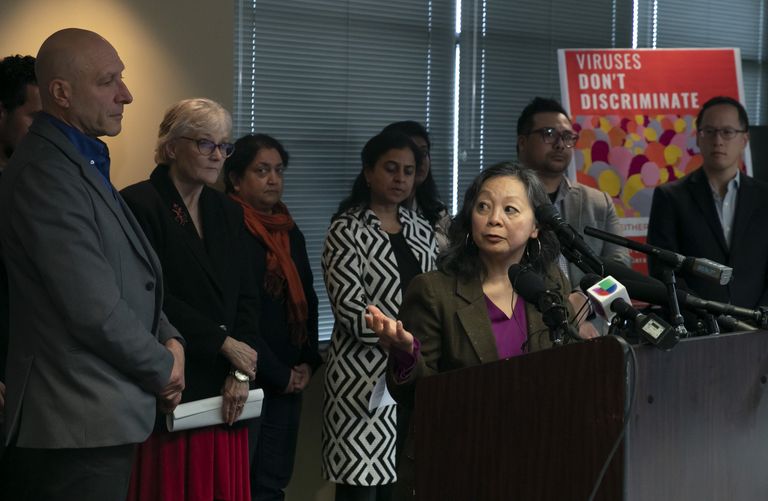  Teresita Batayola, chief executive officer of International Community Health Services in Seattle, speaks about the novel coronavirus at a news conference held at the Asian Counseling and Referral Service on Friday. (Erika Schultz / The Seattle Times)