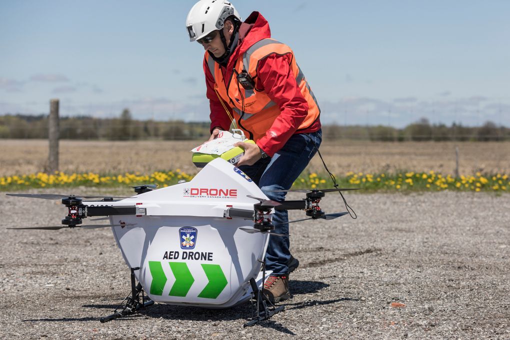 A Drone Delivery Canada employee demonstrates the use of a drone to deliver equipment like defibrillators to first responders in rural areas. (Drone Delivery Canada via The New York Times)