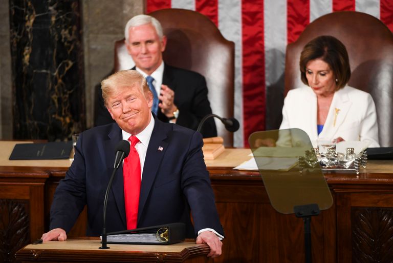 President Donald Trump gives his State of the Union address with Vice President Mike Pence and House Speaker Nancy Pelosi, D-Calif., in the background on Tuesday. (Washington Post photo by Jonathan Newton)