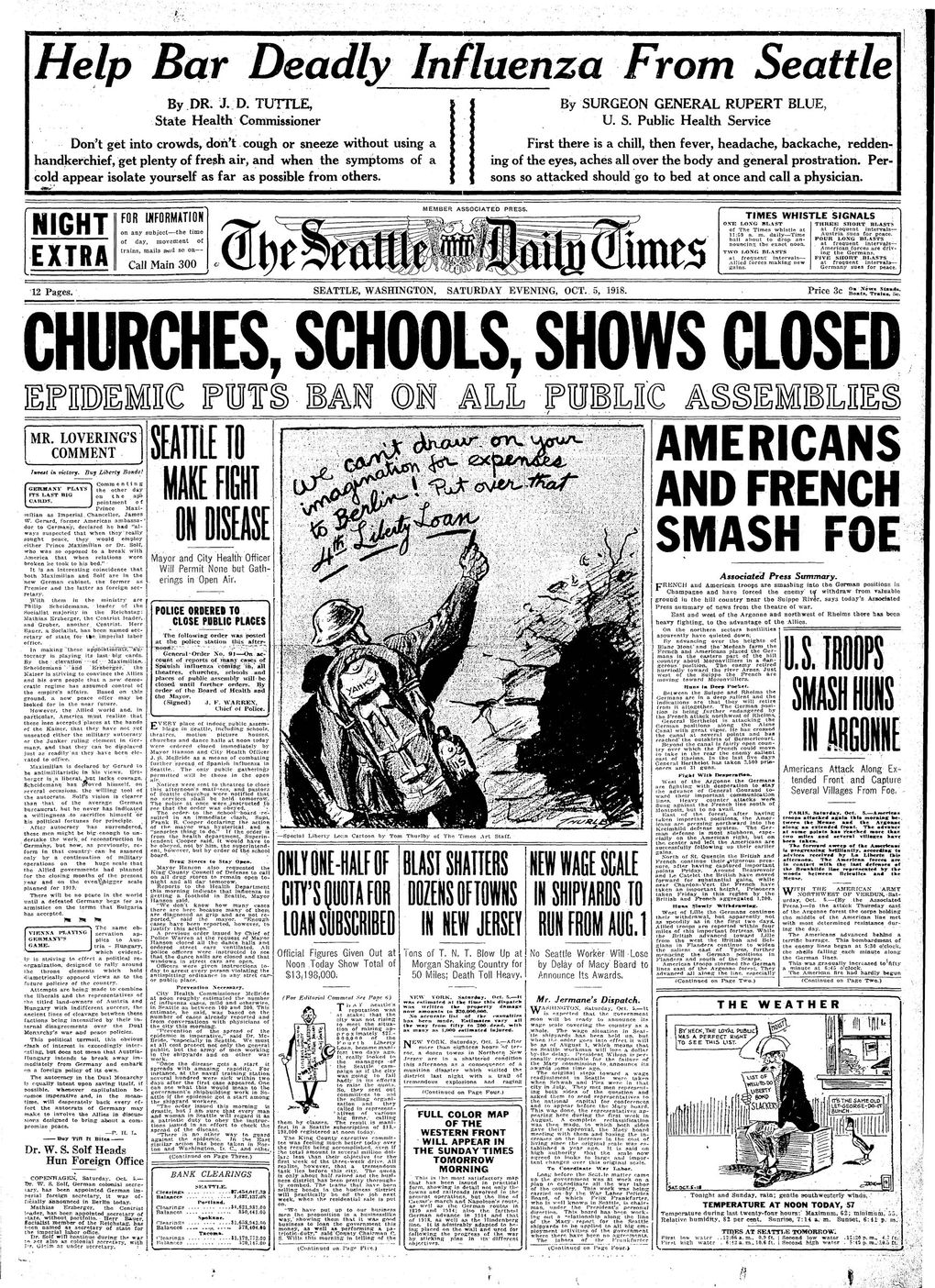 The front page of the Oct. 5, 1918 Seattle Daily Times.  
