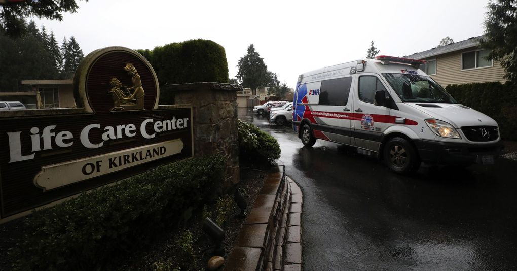 An ambulance leaves the Life Care Center of Kirkland with a resident on March 7. Last month, there were 120 residents at Life Care. As of Wednesday, at least 81 have tested positive for the coronavirus and of those, 34 have died, as well as a visitor. (Alan Berner / The Seattle Times)