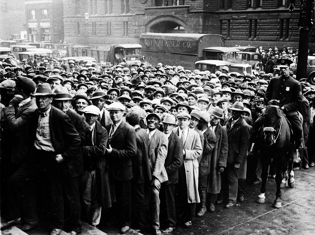 After 2,000 jobs were made available for park improvements, about 5,000 unemployed people gathered outside City Hall in Cleveland, Ohio, in 1930 during the Great Depression. (AP Photo)