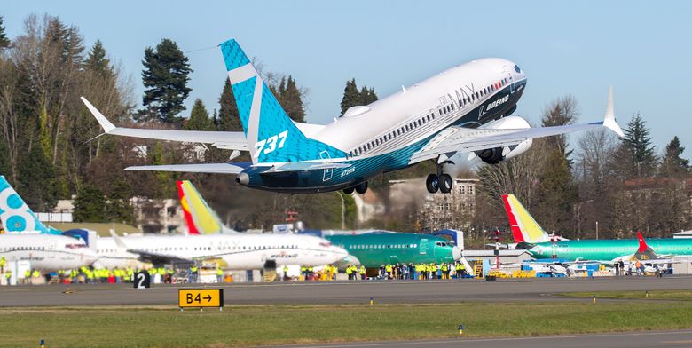 A Boeing 737 MAX 7, the smallest member of the MAX family of single-aisle airplanes, takes off from the Renton Airport on March 16, 2018.  A MAX 7 took off Monday on the first FAA re-certification flight to test Boeing’s proposed upgrade to the MCAS flight control system. (Mike Siegel / The Seattle Times, file)