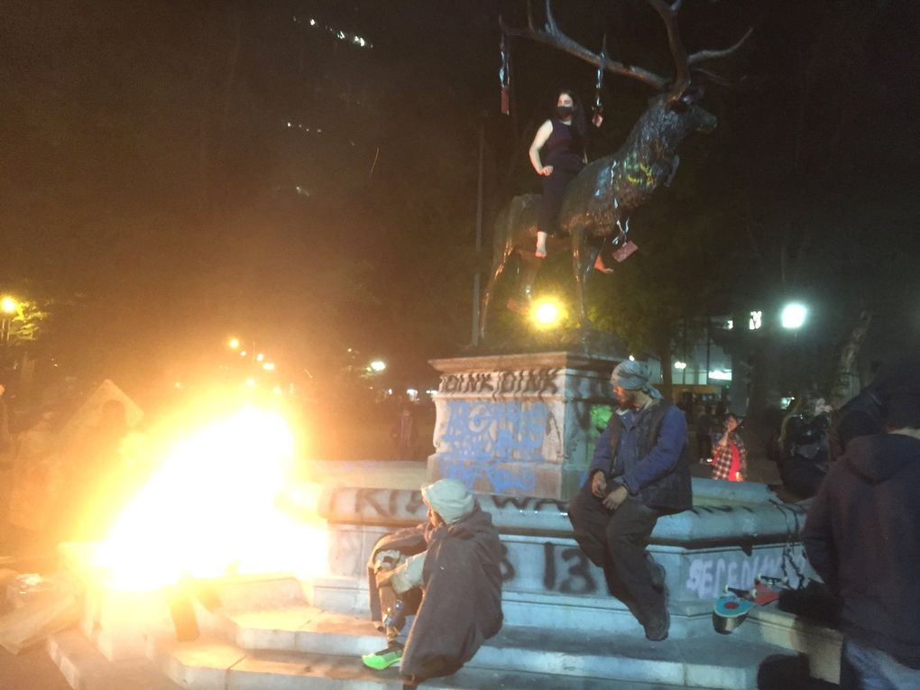 In this July 1 photo, protesters feed plywood and pallets into fires around Portland’s historic Elk Fountain, donated to the city in 1900. The damage that evening to the foundation resulted in the statue’s removal until repairs can be done. (Hal Bernton / The Seattle Times)