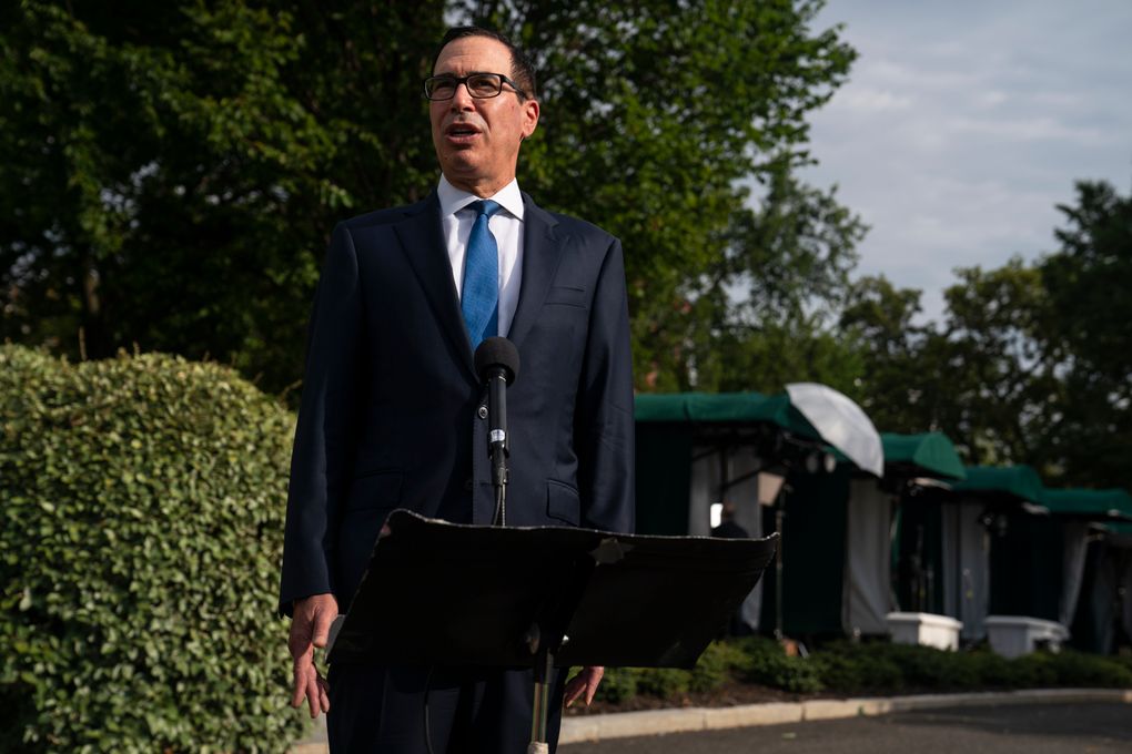 Treasury Secretary Steven Mnuchin speaks with reporters about the coronavirus relief package negotiations, at the White House, Thursday, July 23, 2020, in Washington. (AP Photo/Evan Vucci)