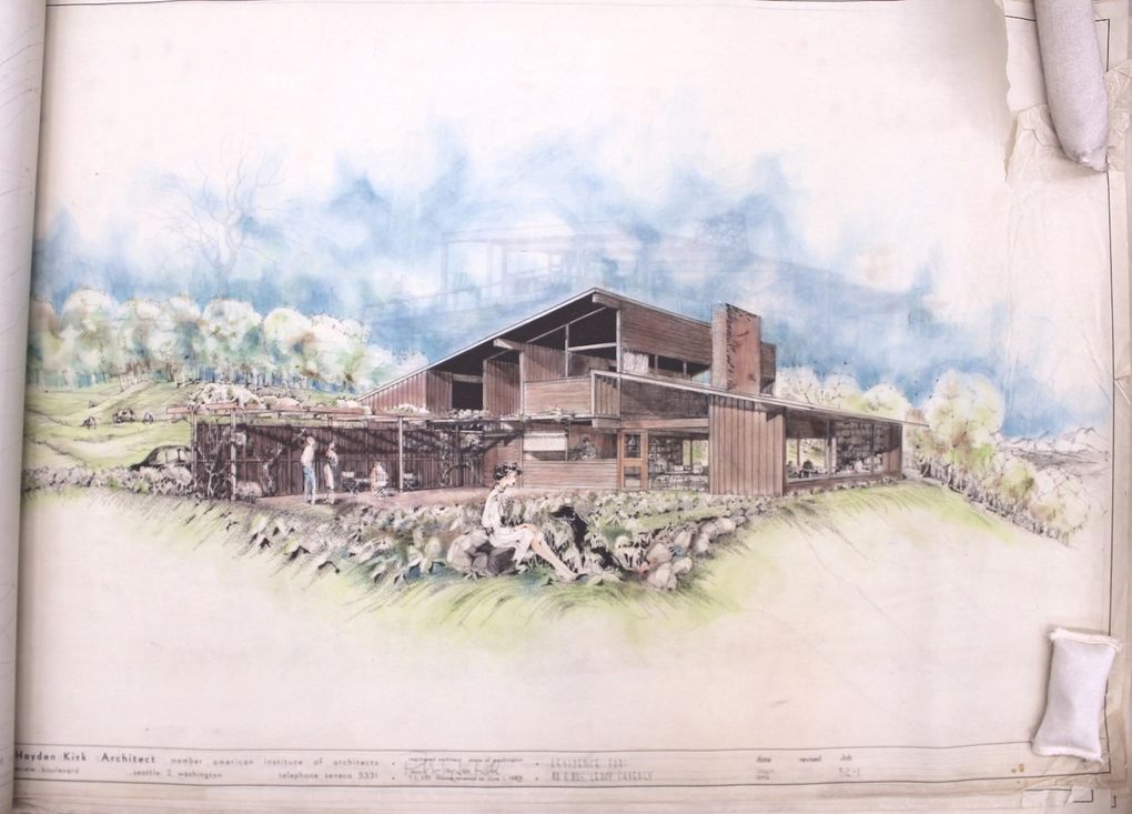 This is a presentation drawing by Astra Zarina of the LeRoy Caverly residence, designed by Paul Hayden Kirk. Zarina was a key member of Kirk’s small staff in the mid-1950s. (University of Washington Libraries, Special Collections, UW40911)