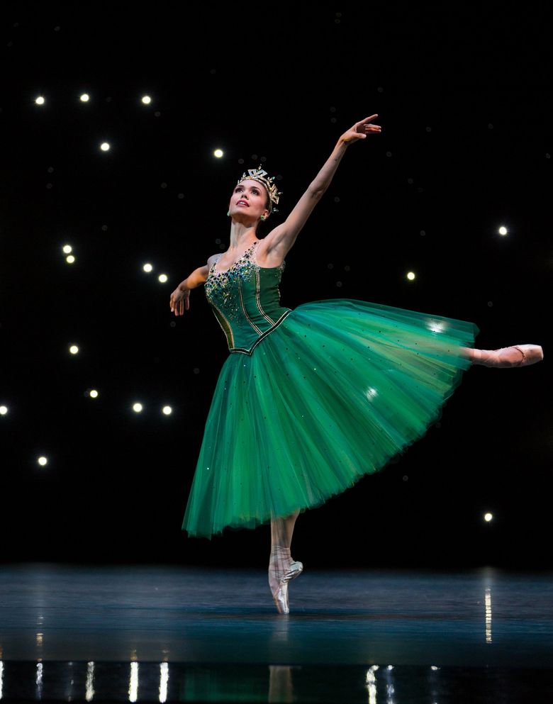 Pacific Northwest Ballet principal dancer Noelani Pantastico in “Emeralds,” choreographed by George Balanchine. For its 2020-21 digital subscription season, PNB will be providing a combination of new and archival videos, including “Emeralds,” for on-demand online access. (Angela Sterling)