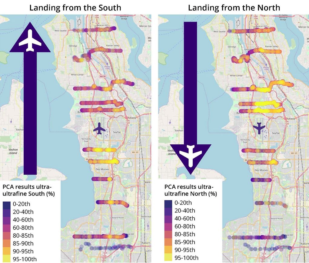 A two-year UW study released last December study shows that ultrafine particles emitted by aircrafts impact communities under their flight paths. This graphic is from the report. (University of Washington)