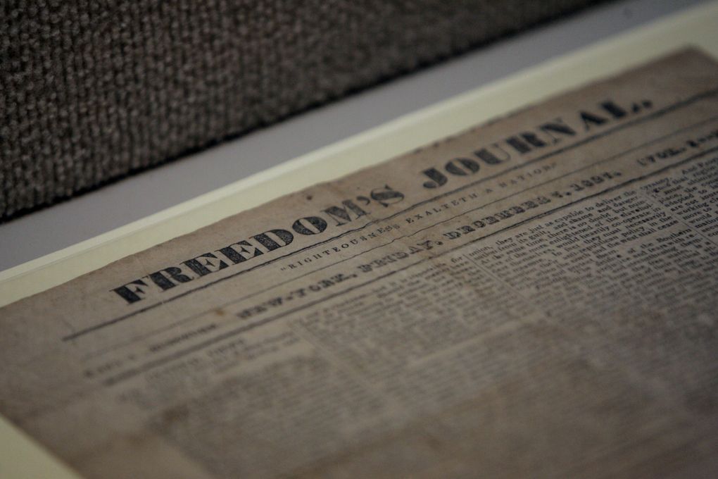A copy of Freedom’s Journal, the first Black American newspaper, is featured in an exhibit of Black journalism as part of Black History Month at the National Press Club in Washington, D.C., in 2006. (AP Photo / Gerald Herbert, File)