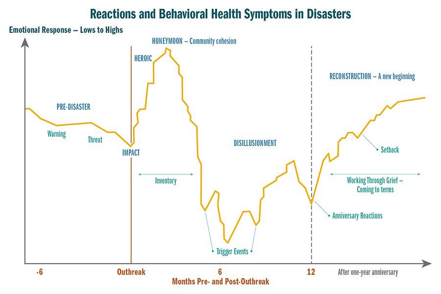 According to the Washington State Department of Health, the six-month mark of the pandemic stay-home order is when we might start to see people slip into the disillusionment phase or reactions to disasters. This could bring an onslaught of mental health struggles for people in a variety of demographic groups. (Graphic courtesy / Kira Mauseth/Washington State Department of Health release.) 