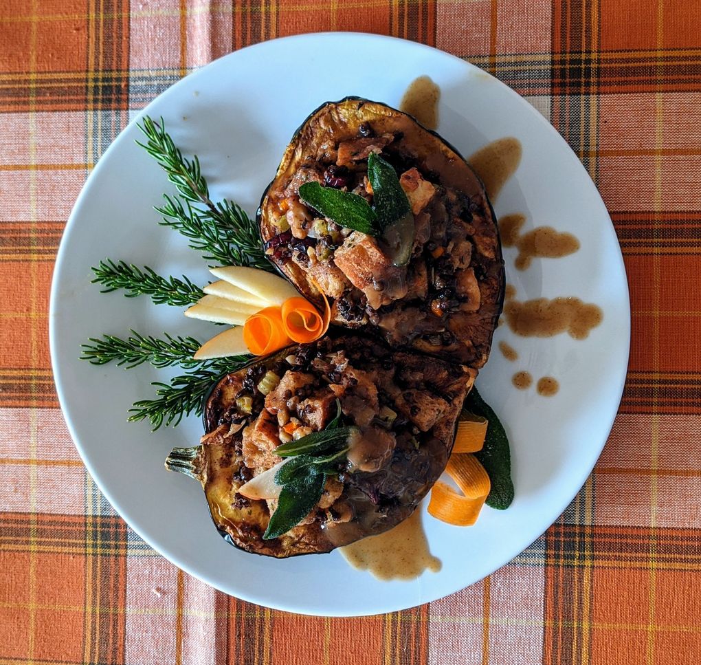 Toni Hudson made a roasted acorn squash with lentil apple stuffing. But the star of the show was the Coca-Cola gravy — and by the way, it’s all vegan. (Courtesy of Toni Hudson)