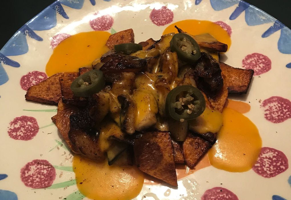 Paul Shapiro turned slices of butternut squash into tortilla chips for this plate of “butternuchos.”  (Courtesy of Paul Shapiro)