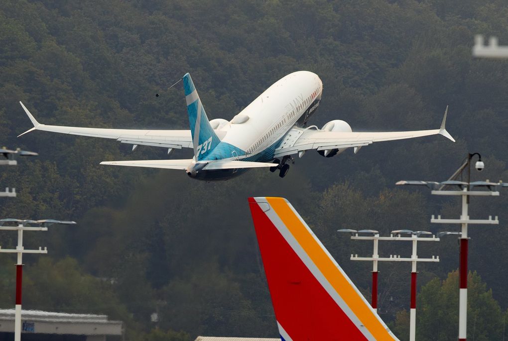 A Boeing 737 MAX piloted by FAA chief Steve Dickson takes off from Boeing Field on a Sept. 30 test flight, one of the final steps before approval for the MAX to fly passengers again.
(Mike Siegel / The Seattle Times)