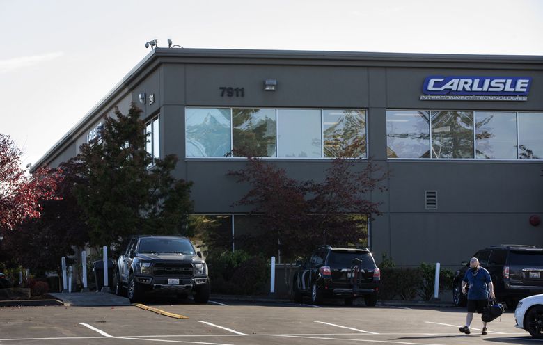 The Carlisle Interconnect Technologies manufacturing plant in Kent last month. (Ellen M. Banner / The Seattle Times)