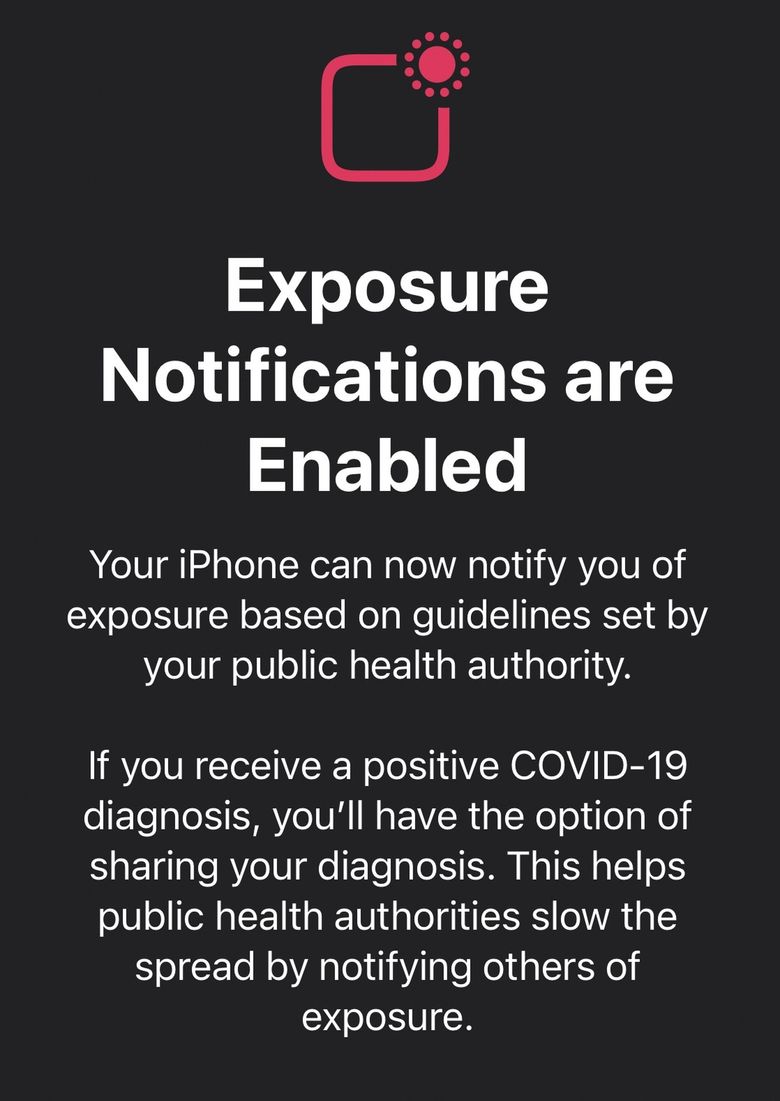 Screen capture of iPhone’s Exposure Notifications setting, which is now enabled for users in Washington state. (Travis Ness / The Seattle Times)