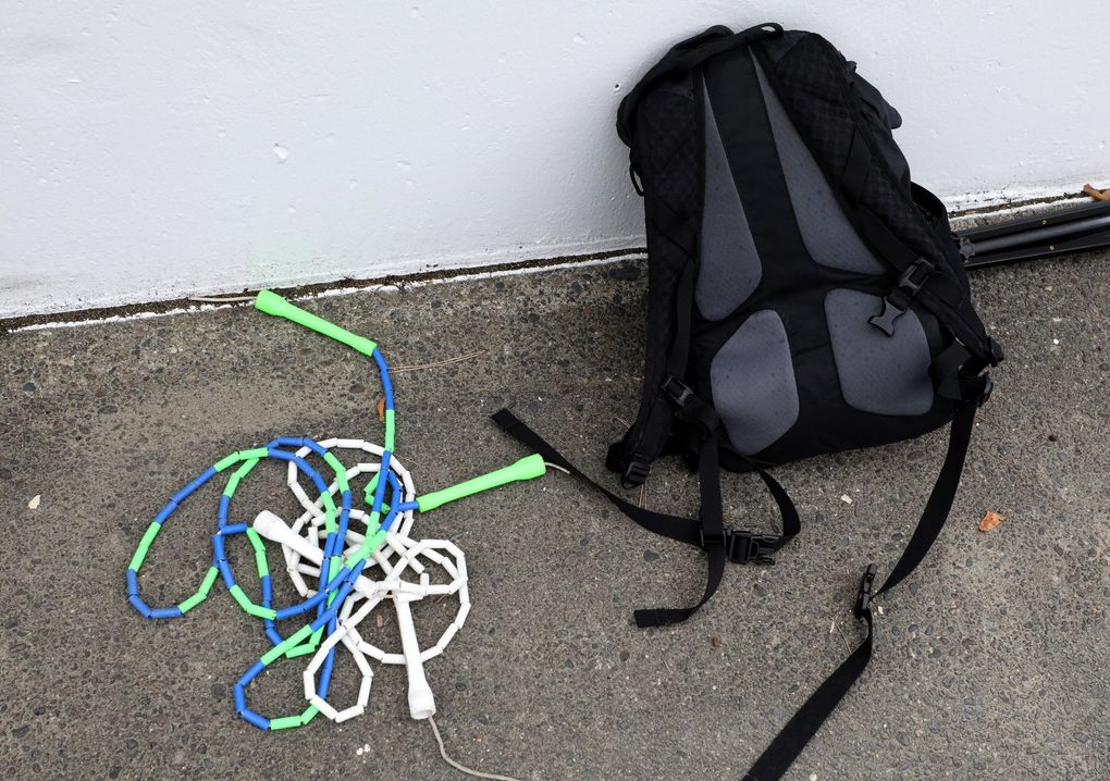 Alysia Mattson carries a selection of jump ropes in her backpack. Since the onset of the pandemic, she has become an advocate for the humble, inexpensive pieces of equipment that provide rigorous workouts. (Alan Berner / The Seattle Times)