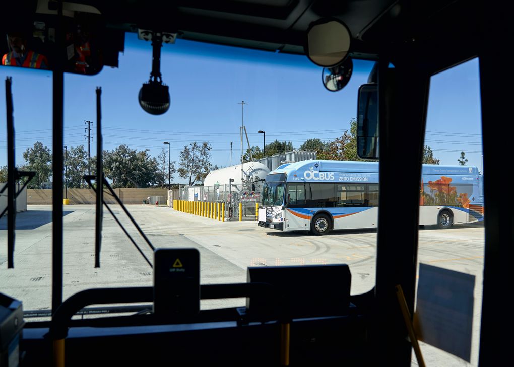 A hydrogen-fueled bus at the Orange County Transit Authority in Santa Ana, Calif., Oct. 14. (Philip Cheung / The New York Times)