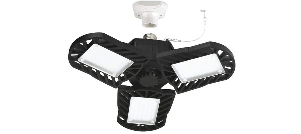 An LED cluster fixture, like the Honesorn LED Deformable Triple Light, screws into an existing socket and adds considerably more light to a garage. (Courtesy of Honesorn)
