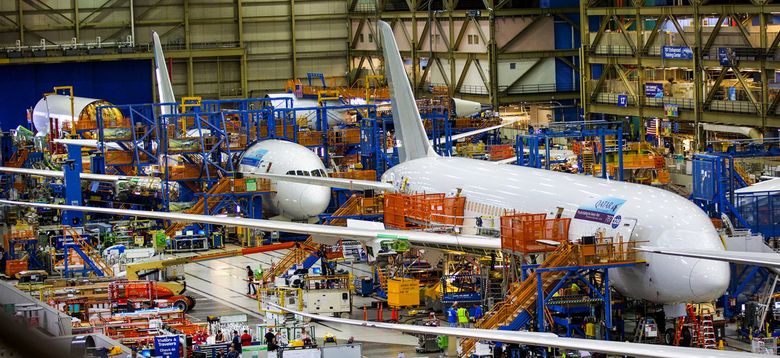 Boeing 787s in various stages of completion in Everett. This final assembly line will close by March, when Boeing consolidates 787 production in South Carolina. (Mike Siegel / The Seattle Times, file)