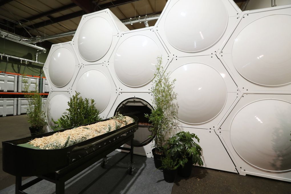 At Recompose, “vessels” full of soil undergo the process of natural organic reduction (NOR) or, more colloquially, human composting. (Ken Lambert / The Seattle Times)