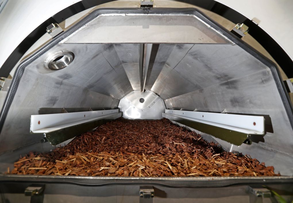 Inside one of Recompose’s “vessels,” which are designed to hold a body, occasionally rotating, during a 30-day process, before going to a curing bin for another 30 days. (Ken Lambert / The Seattle Times)