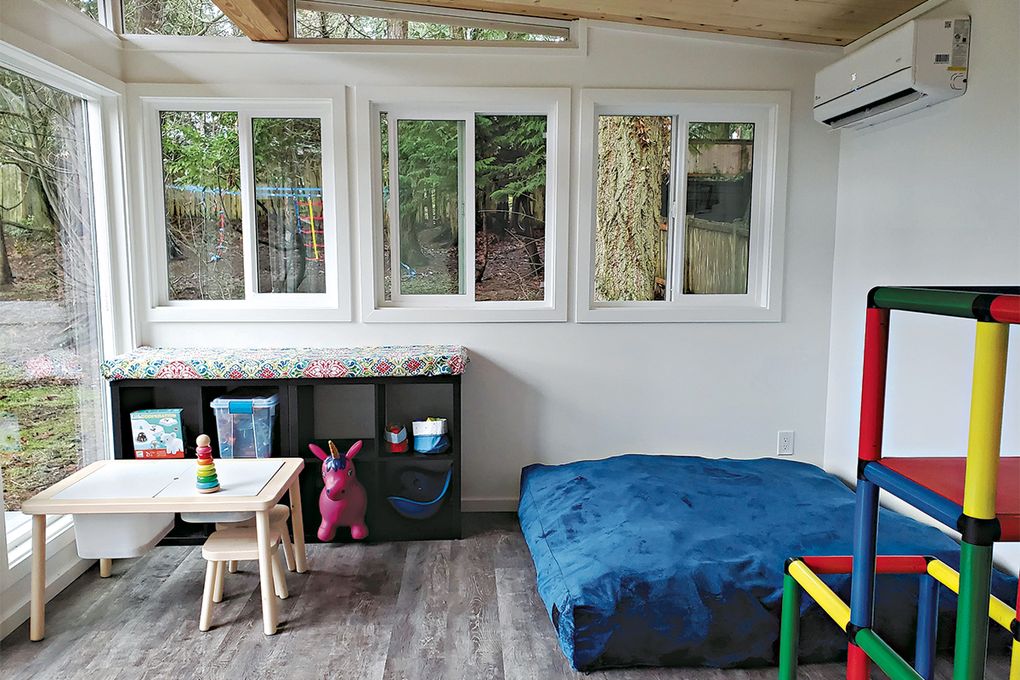 The Panko family, of Kirkland, have built a detached shed of just under 200 square feet to be used by their sons, ages 5 and 2. Furnished with heat, electricity, a play structure and a crash pad, it allows the boys to get exercise in a space that’s away from their work-from-home father in the main house. (Courtesy of Sacha Panko)