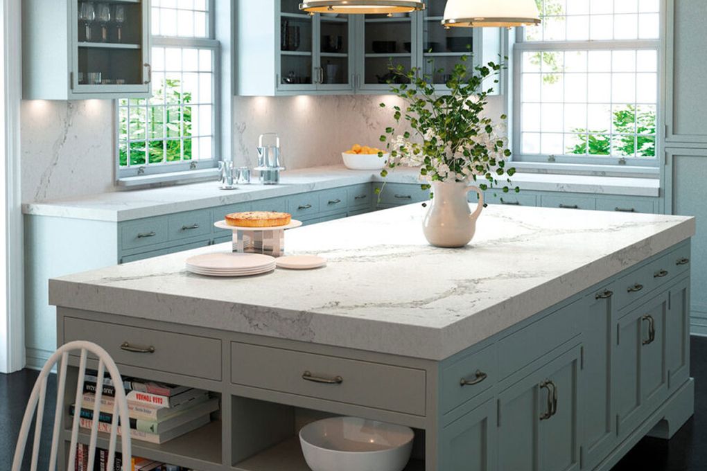 A class quartz countertop, like this one from Caesarstone, is a good option. Experts recommend sticking with white with a subtle pattern and low veining for a longer-lasting look. (Courtesy of Caesarstone)