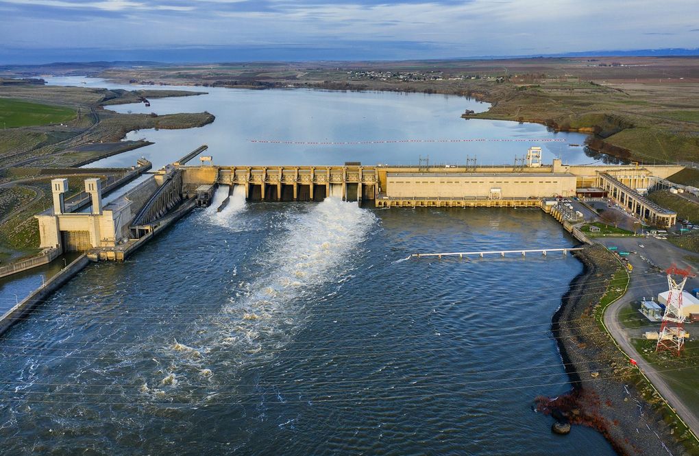 Ice Harbor Dam: Under Simpson’s proposal, irrigators using the reservoir behind this dam, near Pasco, would be able to keep farming with money provided to reconfigure their irrigation systems.(Steve Ringman / The Seattle Times)