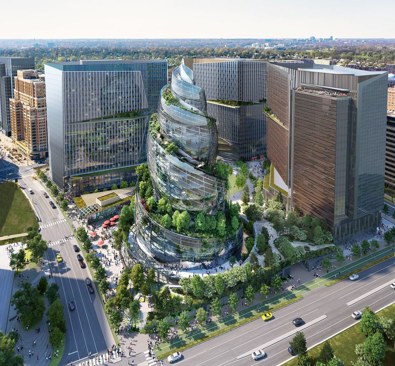 Amazon plans to build a 22-story helical building in Arlington, Va., as the centerpiece of its second headquarters. The building, designed by architectural firm NBBJ, overlooks a site that includes venues for public performances, green space and shopping. (NBBJ/Amazon).