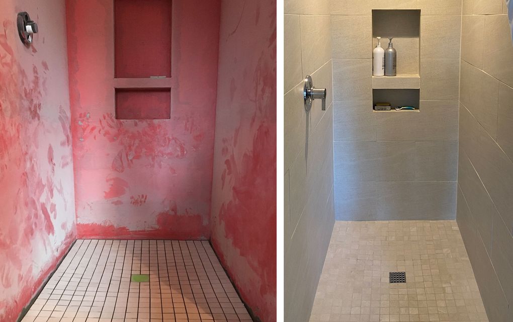 When the author was building this shower stall at his home near Leavenworth, he coated the walls with RedGard to waterproof the backer board before tiling. He used small tiles on the shower pan, which are easier to slope toward the drain, and he added an alcove to hold soap and shampoo. (Courtesy of Jeff Layton)