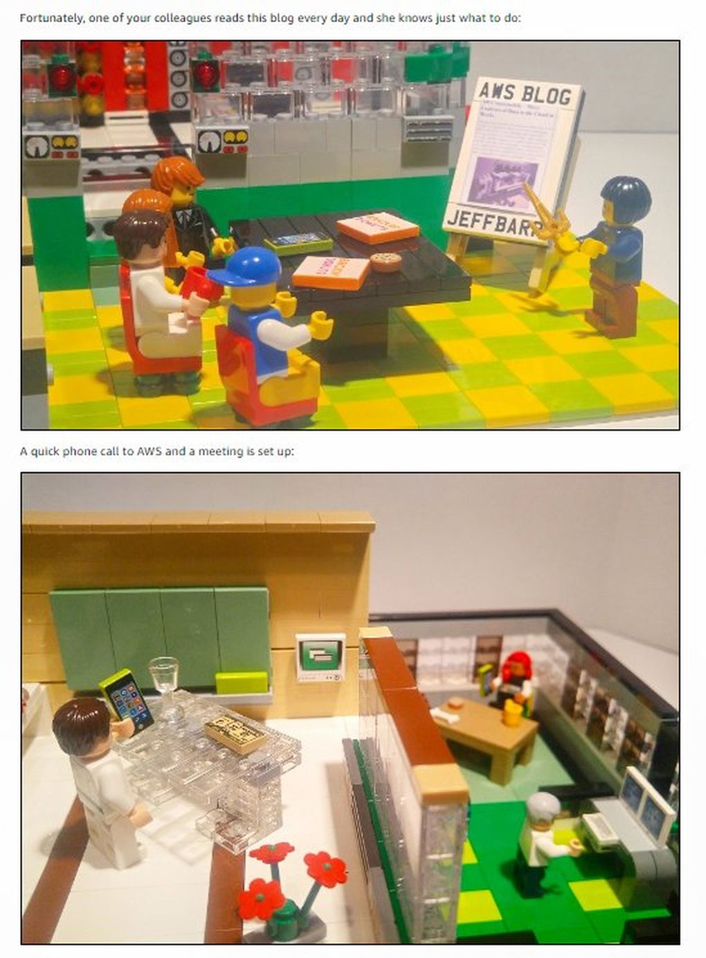 Amazonians often compare AWS to Legos, saying the system provides building blocks for developers. AWS Chief Evangelist Jeff Barr, a noted Lego fan, made the metaphor literal in a blog post using intricate Lego dioramas to illustrate a new AWS feature. (Courtesy of Amazon / Jeff Barr and Matt Guttierez)