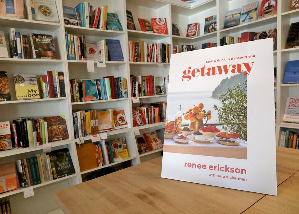 At Book Larder, a cooking-focused bookstore in Fremont, there is a corner featuring Northwest chefs. Renee Erickson’s latest book, “Getaway: Food & Drink to Transport You,” will be for sale soon at the store. The book is due April 27, 2021.  (Greg Gilbert / The Seattle Times)