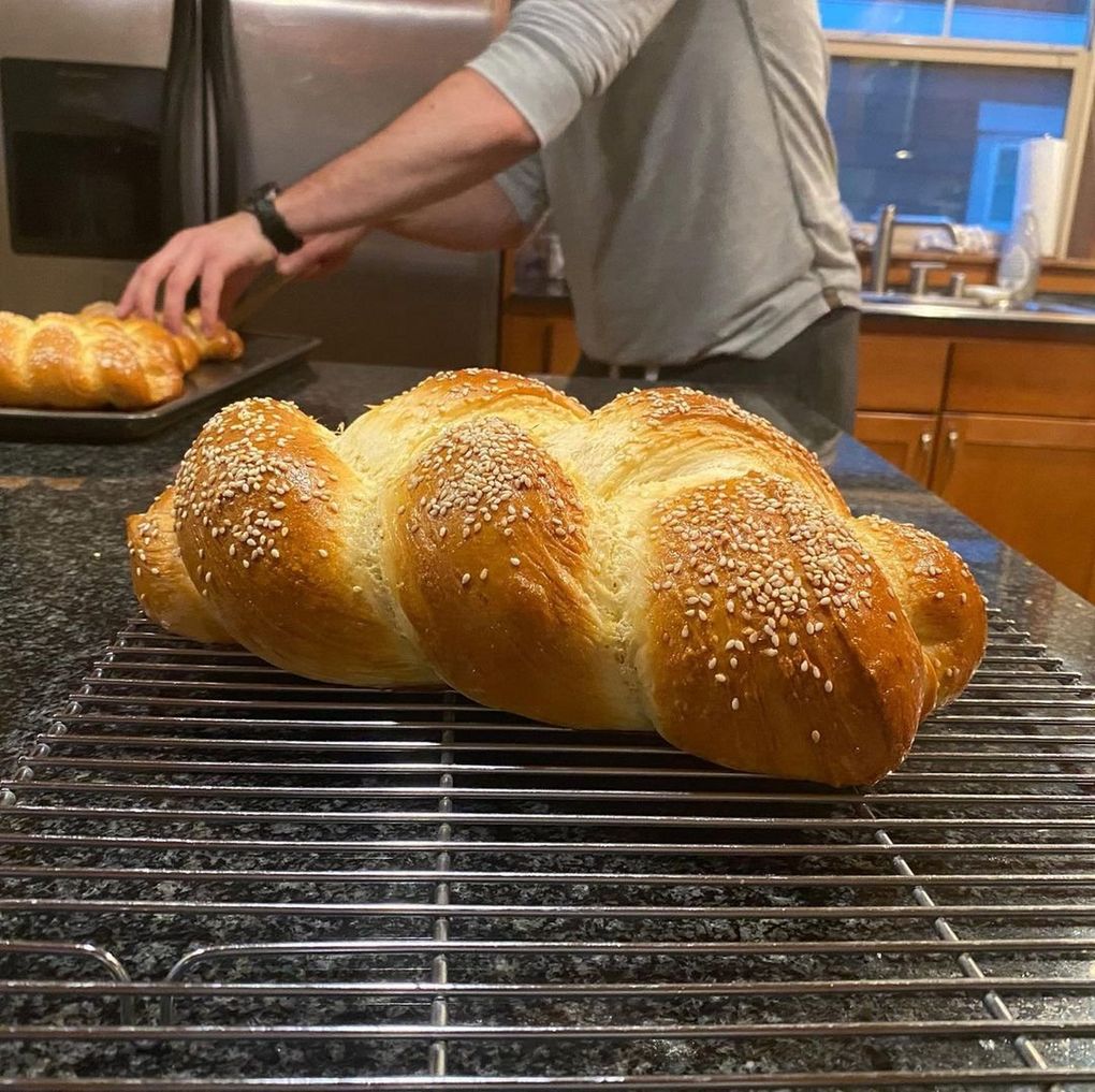 Leo Leher-Small bakes challah loaves weekly, offering them as is, or as a little sandwich stuffed with everything from pomegranate-braised beef to roasted eggplant. (Courtesy of Leo Leher-Small)