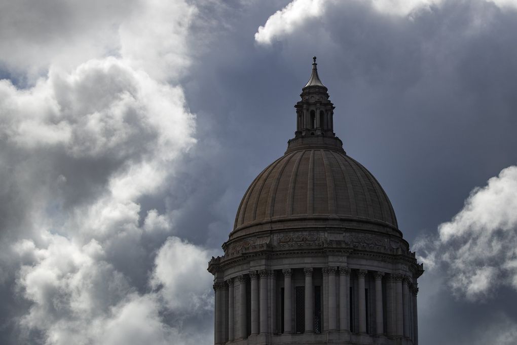 Dramatic clouds frame the dome during the final day of the legislative session at the Washington state Capitol in Olympia on April 25. (Bettina Hansen / The Seattle Times)