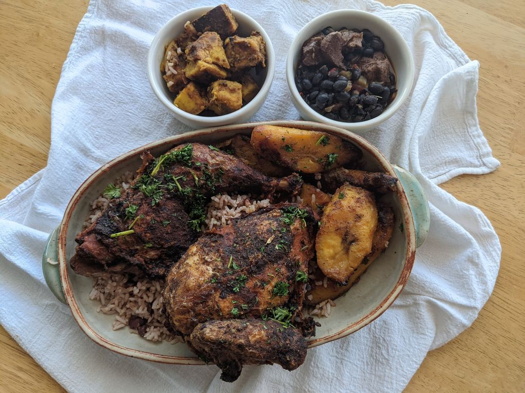 Belltown’s Jerk Shack is offering an Eat-in-the-Park Meal complete with a fried, jerk half-chicken over rice, Cuban black beans, caramelized plantains and ginger yams. (Jackie Varriano / The Seattle Times)