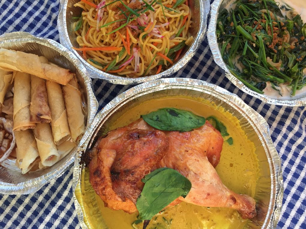 Chef Melissa Miranda sent us her Musang recommendations for your outdoor pleasure, including, clockwise from top: pancit canton, spring laing, the halang halang na manok and a nice golden-fried pile of lumpia. (Bethany Jean Clement / The Seattle Times)
