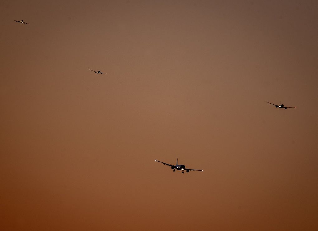 The first aircraft approach the international airport in Frankfurt, Germany, after the country’s landing ban ended May 24. (Michael Probst / The Associated Press)