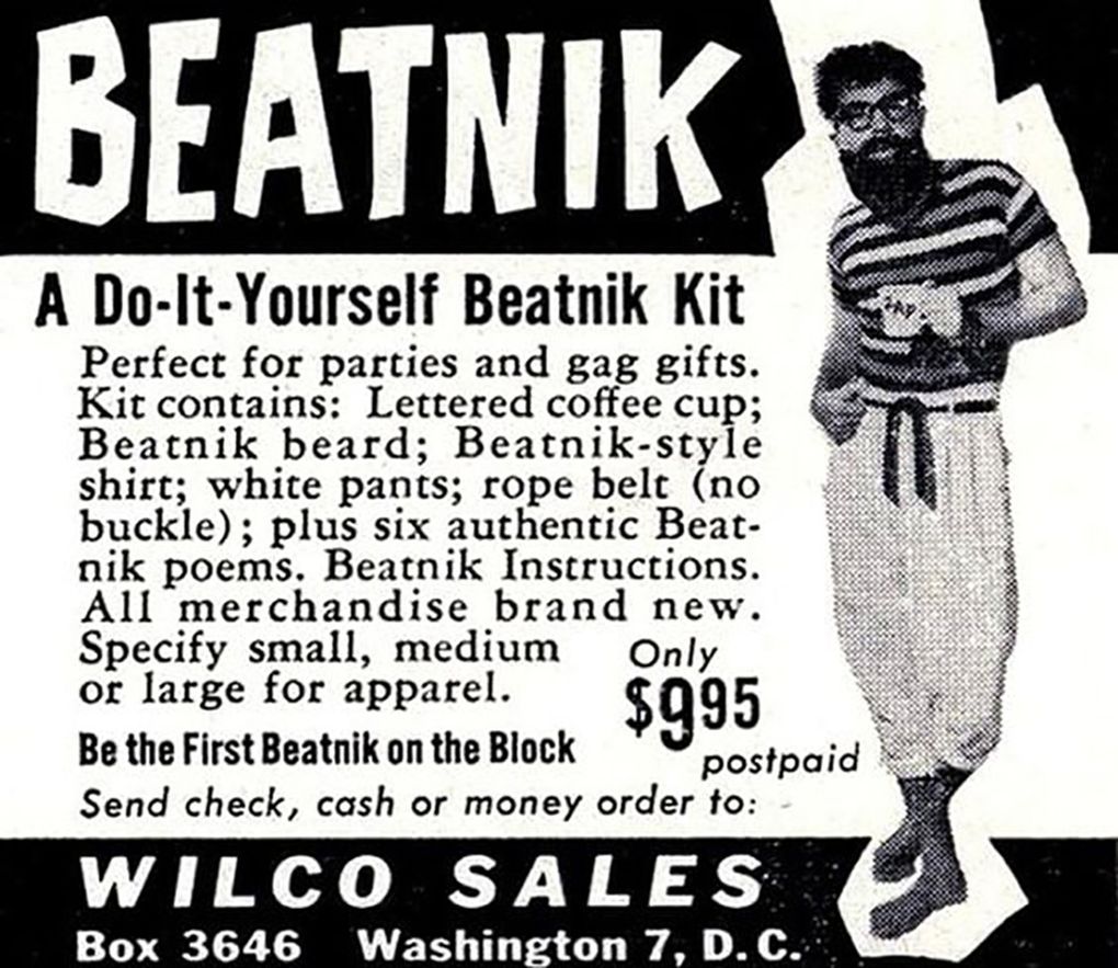 This vintage ad from Wilco Sales in Seattle promoted a beatnik kit containing everything needed to complete the look, from clothes to beard to beatnik instructions.