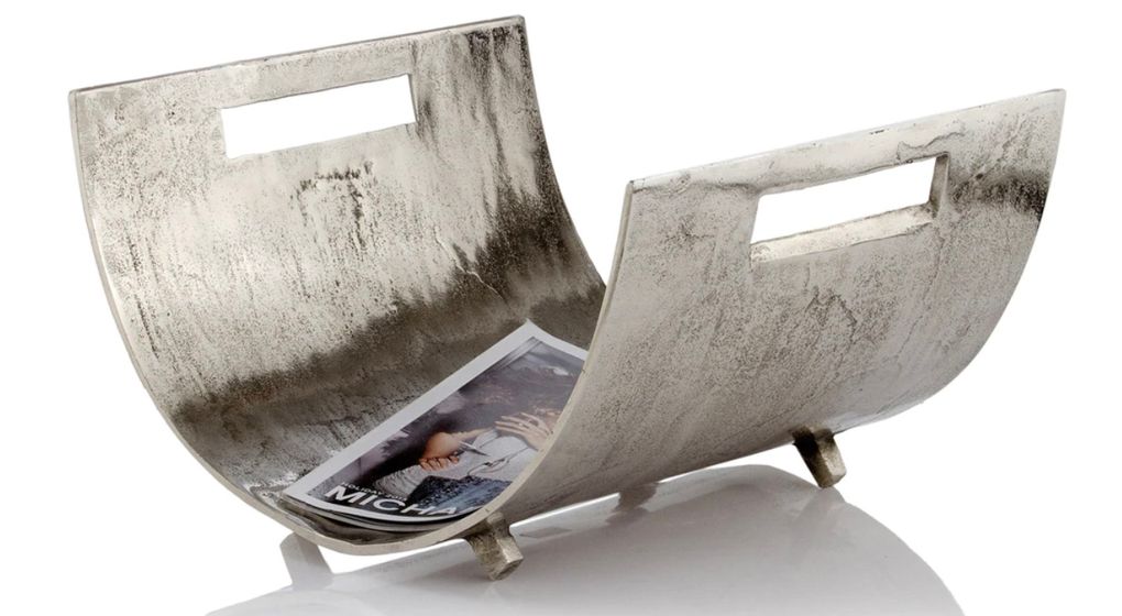 The HomeRoots Magazine Basket in raw silver is 16.5-by-17-by-10 inches. (Courtesy of Overstock.com)