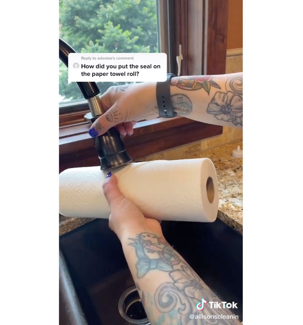 Allison Nelson shows how to make a decorative stamp on a roll of paper towels in a TikTok video. (Courtesy of TikTok)