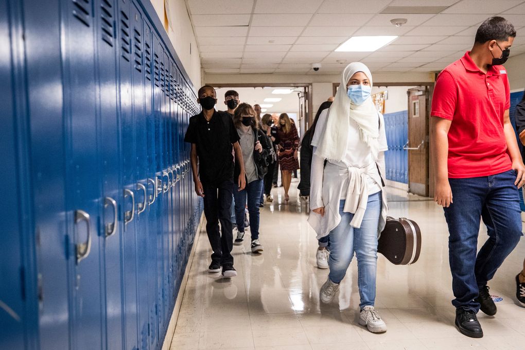 Students make their way to their classes on the first day of school Monday, Aug. 16, 2021, at Wedgwood Middle School in Fort Worth, Texas. (Yffy Yossifor/Star-Telegram via AP)
