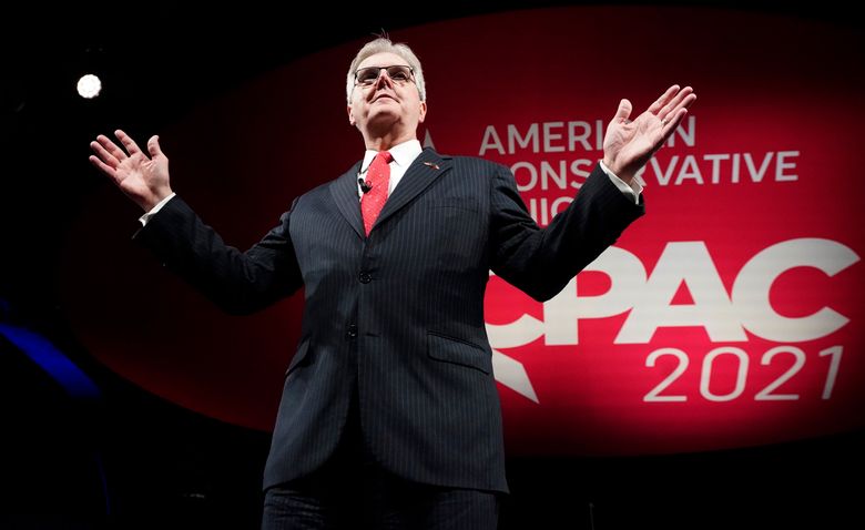 FILE – In this July 9, 2021, file photo, Texas Lt. Gov. Dan Patrick speaks during opening general session of the Conservative Political Action Conference (CPAC) in Dallas. Lt. Gov. Patrick blamed rising hospitalization and death rates from COVID-19 on unvaccinated Black people, and his comments were quickly denounced as racist. Patrick made the comments Thursday, Aug. 19, 2021, night on a Fox News segment. (AP Photo/LM Otero, File)