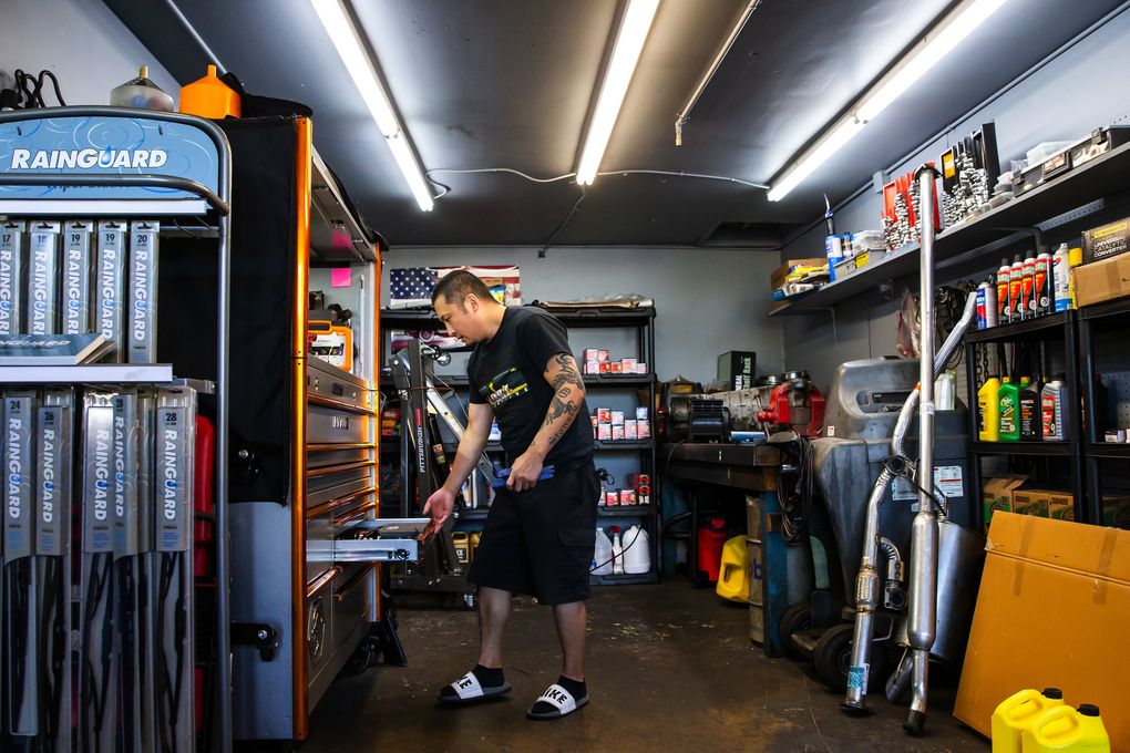 Jakob Lorz opened Lorz Automotive in Seattle’s Rainier Valley in March. “Everyone that has a job that I know in this industry, they’re getting paid, like, top, top, top dollar,” he says. (Bettina Hansen / The Seattle Times)